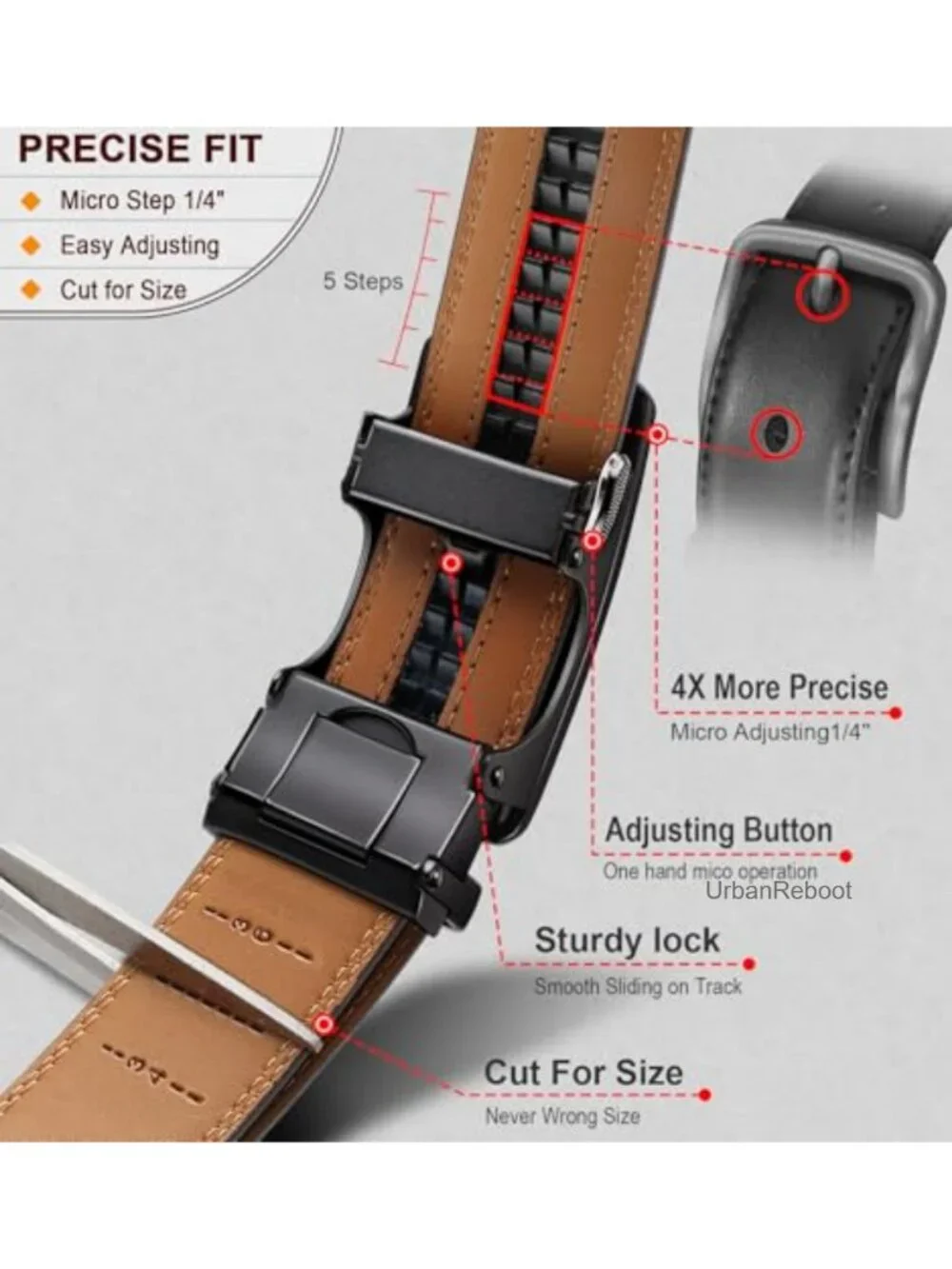 RATCHET BELT Men's Premium PU Leather Trimmable Adjustable Quick Release 1 3/8